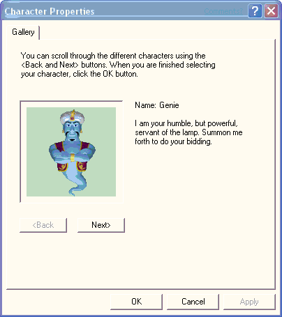 Genie Character Properties dialog box